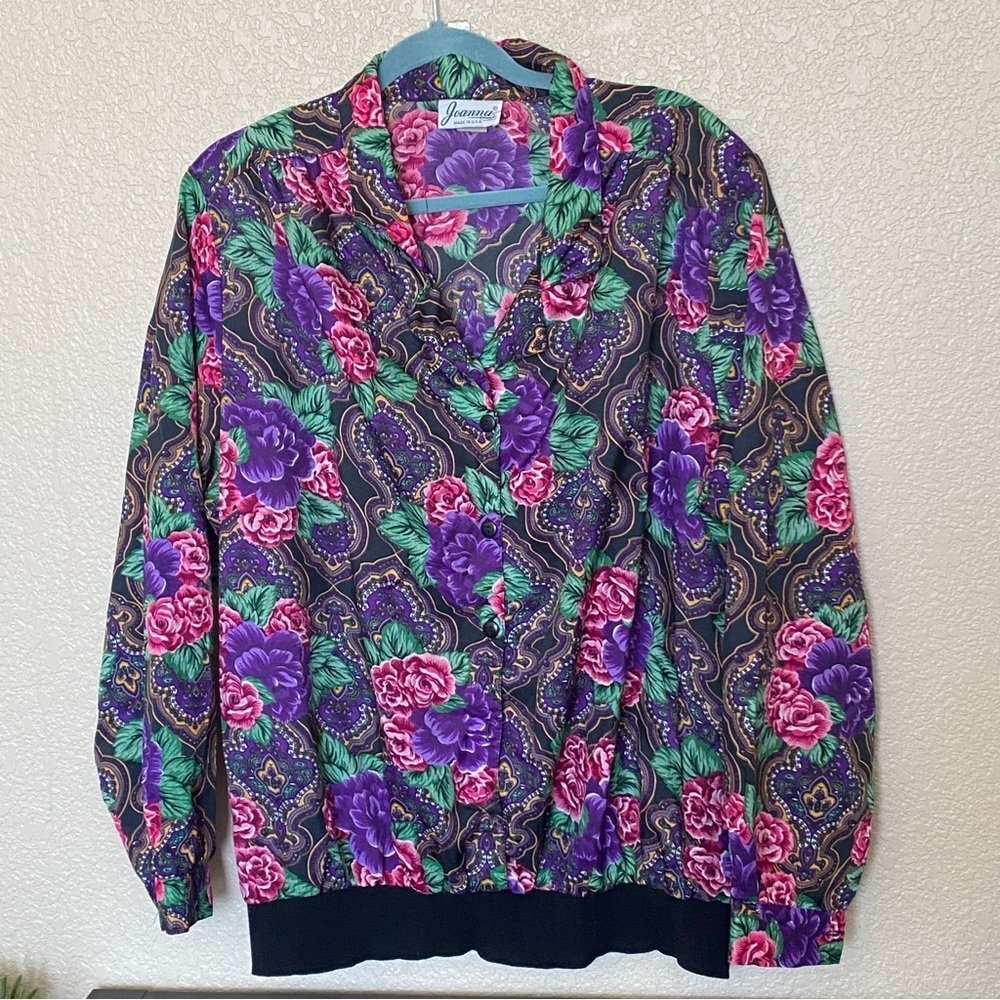 Vintage floral button down cardigan jacket elastic hem purple and pink USA